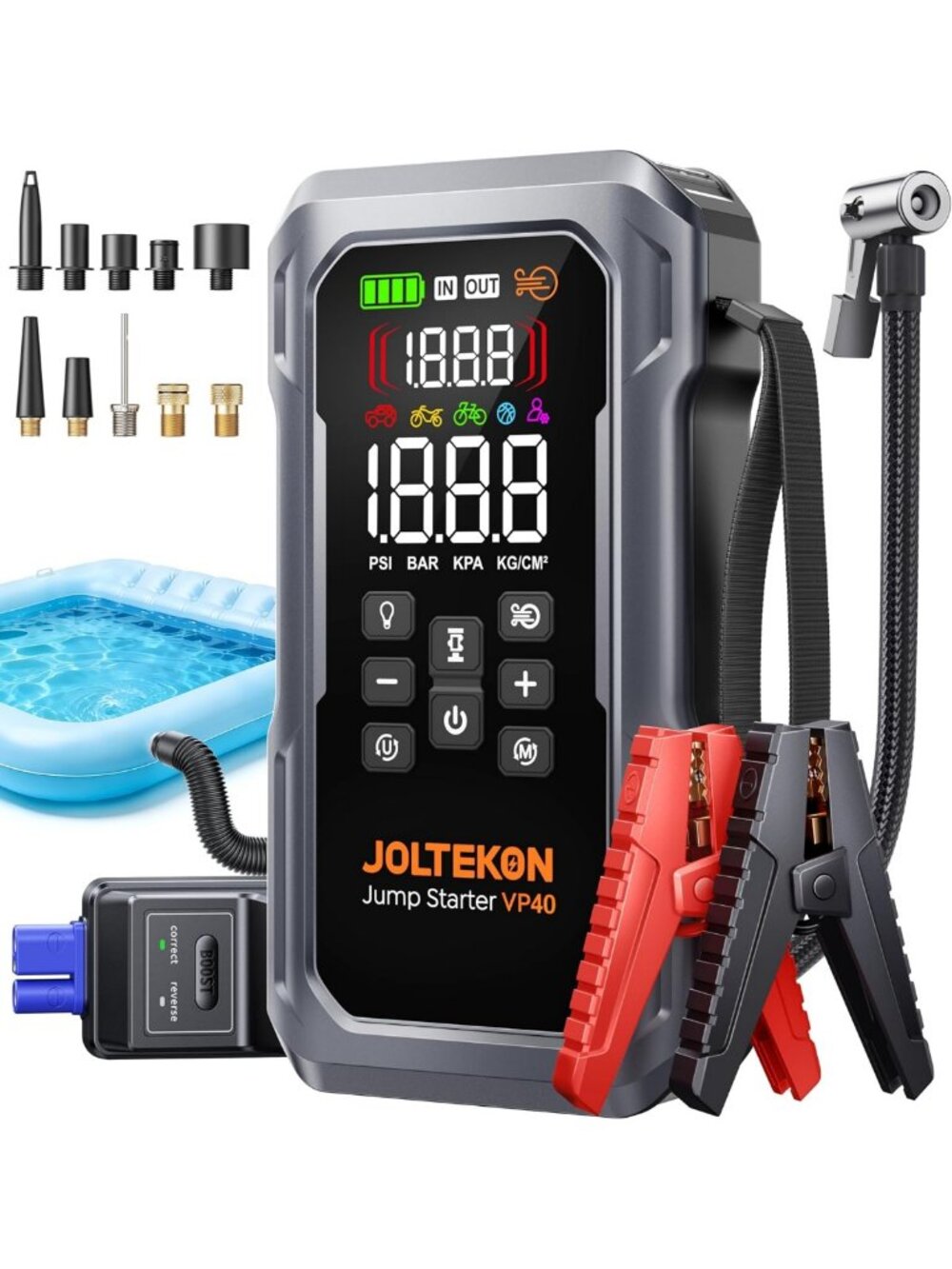 6000A Portable Car Battery Jump Starter & Air Compressor, 160PSI, 800LM Light